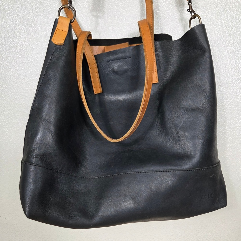 ABLE Abera Crossbody Tote Black Cognac Leather Convertible Shoulder Bag